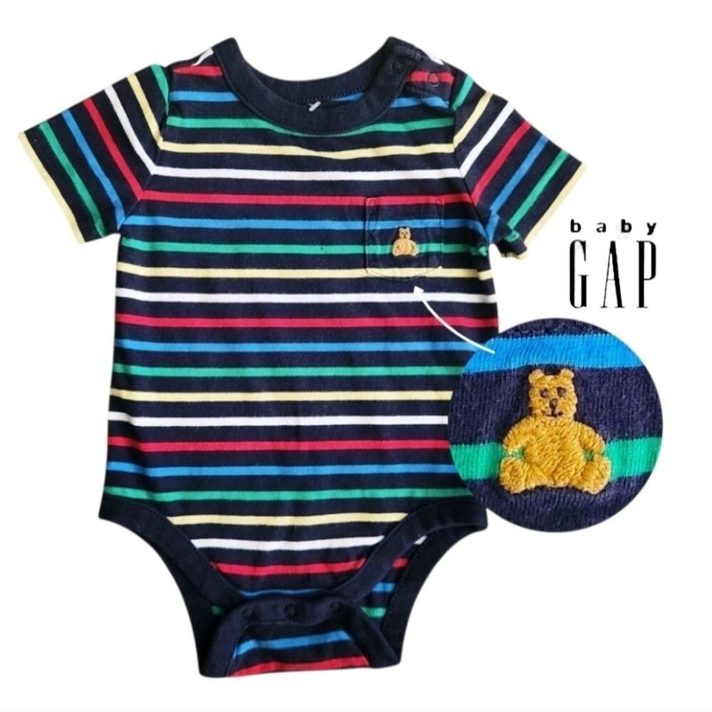 GAP Baby Boys Striped Multicolor Bodysuit with Bear Logo 3-6 Months 100% Cotton